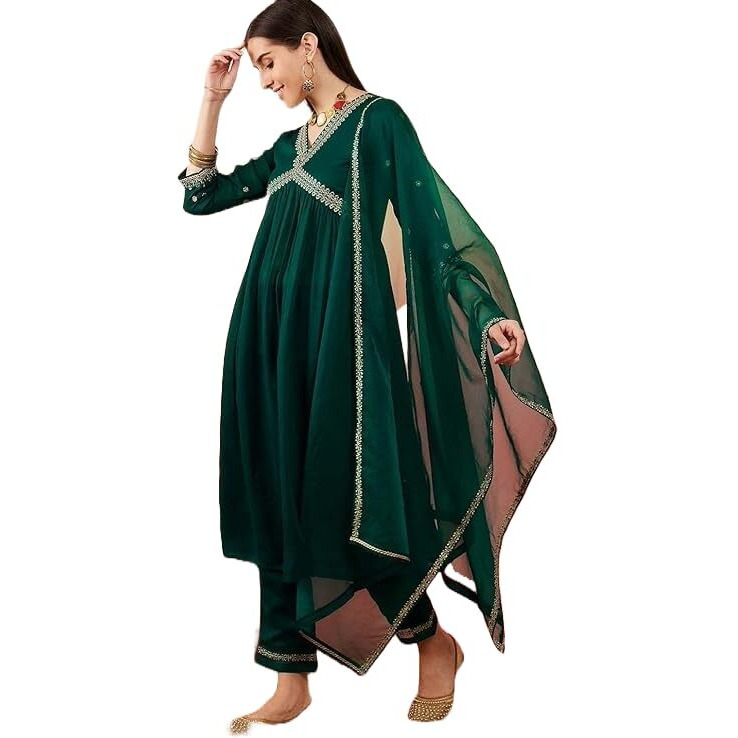 Yashika Women's Embroidered Georgette Alia Cut Kurta Pant Dupatta Set - Trendy and Elegant Ethnic Wear for Women (AZ-YS-OG-KS2110-L) Green