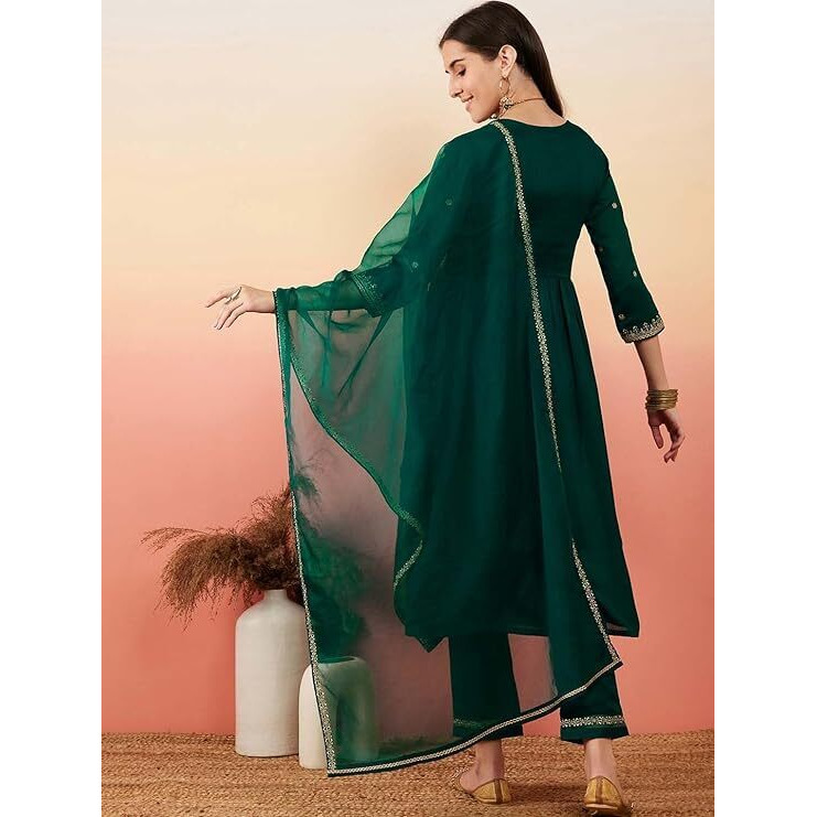 Yashika Women's Embroidered Georgette Alia Cut Kurta Pant Dupatta Set - Trendy and Elegant Ethnic Wear for Women (AZ-YS-OG-KS2110-L) Green
