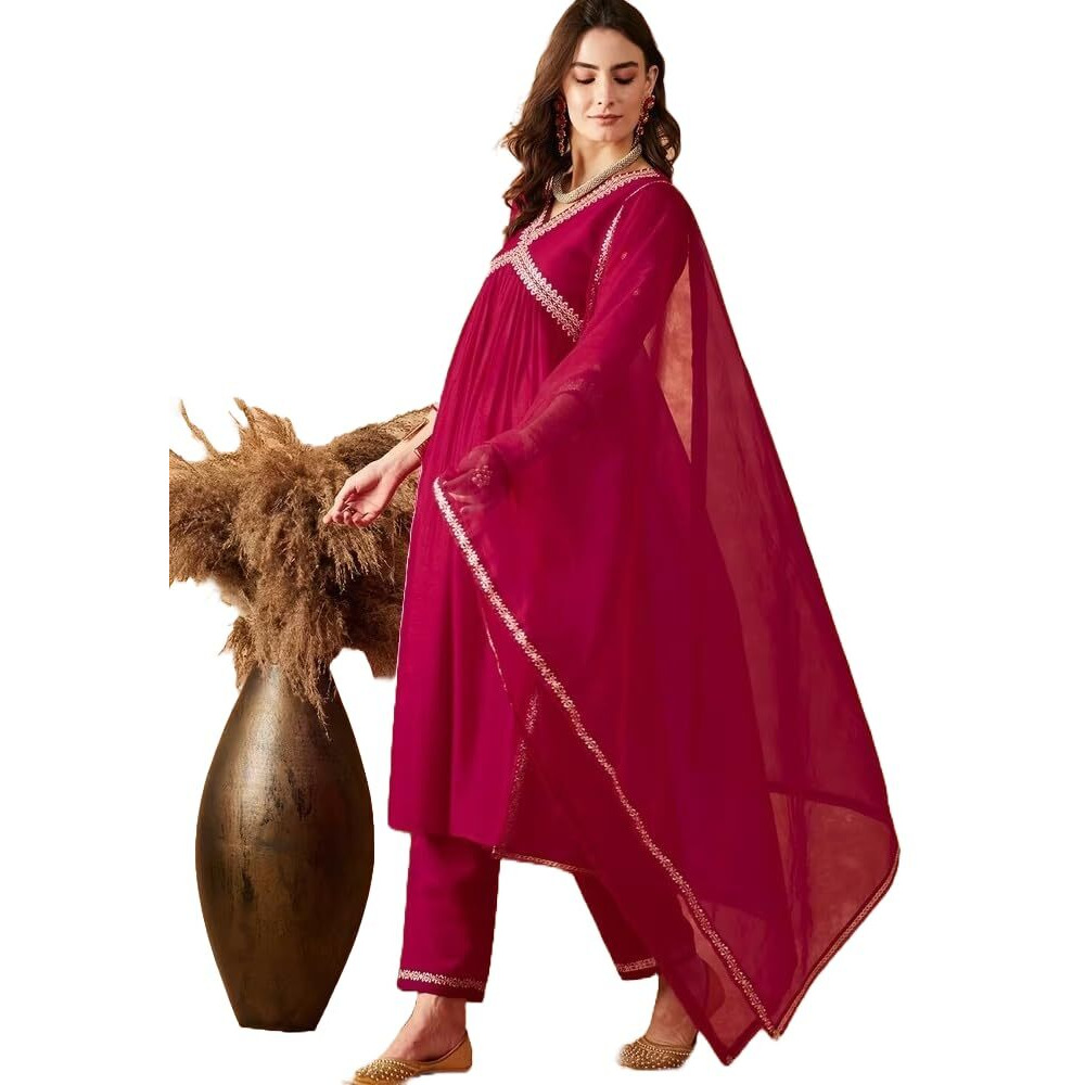 Yashika Women's Embroidered Georgette Alia Cut Kurta Pant Dupatta Set - Trendy and Elegant Ethnic Wear for Women (AZ-YS-OG-KS2113-XXL) Pink