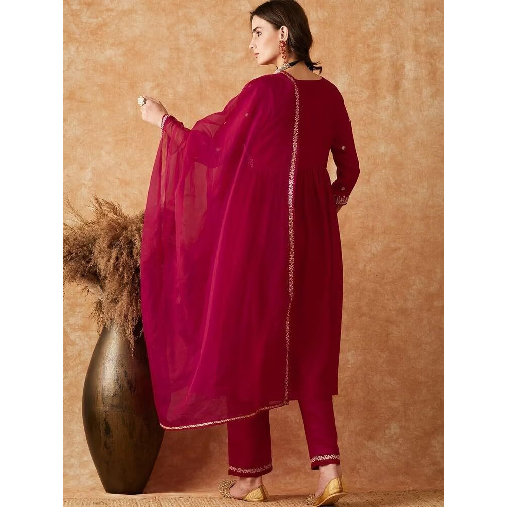 Yashika Women's Embroidered Georgette Alia Cut Kurta Pant Dupatta Set - Trendy and Elegant Ethnic Wear for Women (AZ-YS-OG-KS2113-XXL) Pink