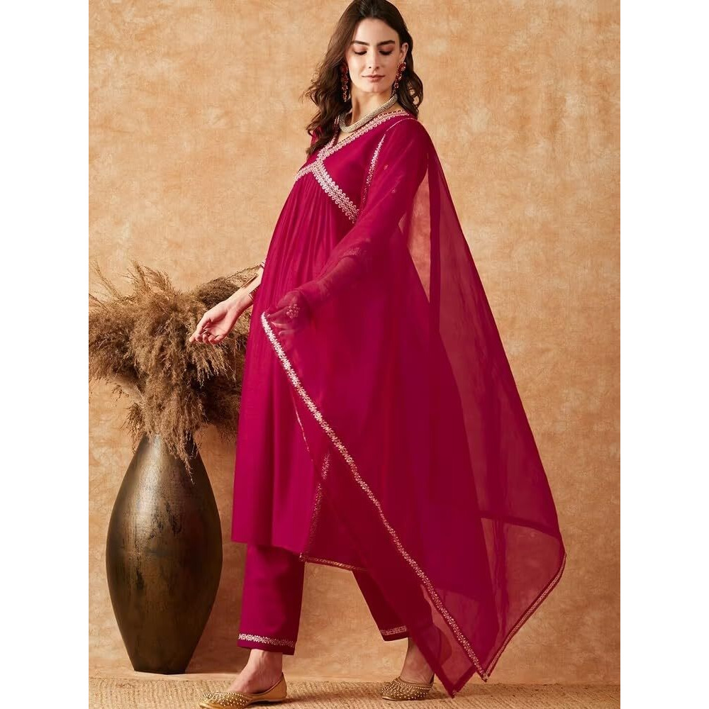 Yashika Women's Embroidered Georgette Alia Cut Kurta Pant Dupatta Set - Trendy and Elegant Ethnic Wear for Women (AZ-YS-OG-KS2113-XXL) Pink