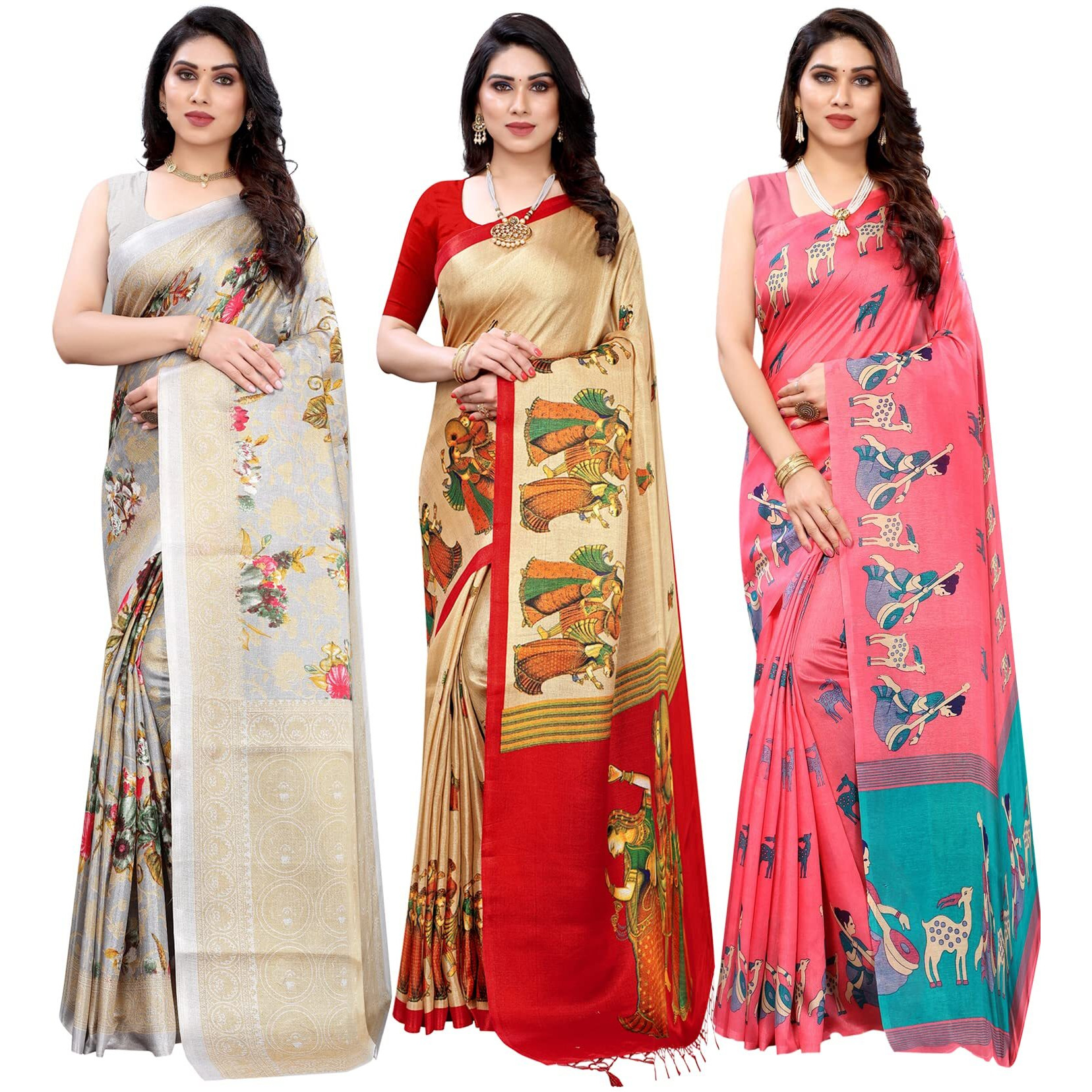 Yashika Women's Combo Art Silk Saree With Blouse Piece - Pack Of 3(PUDINA GREY-RAJARANI CHICKU-MAITHALI PINK)