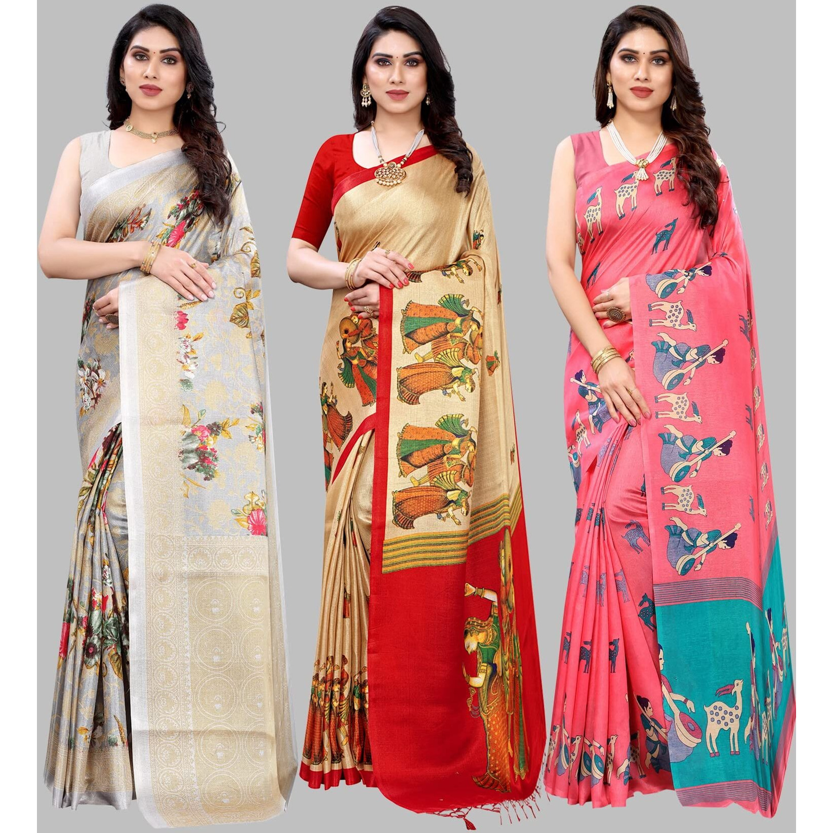 Yashika Women's Combo Art Silk Saree With Blouse Piece - Pack Of 3(PUDINA GREY-RAJARANI CHICKU-MAITHALI PINK)