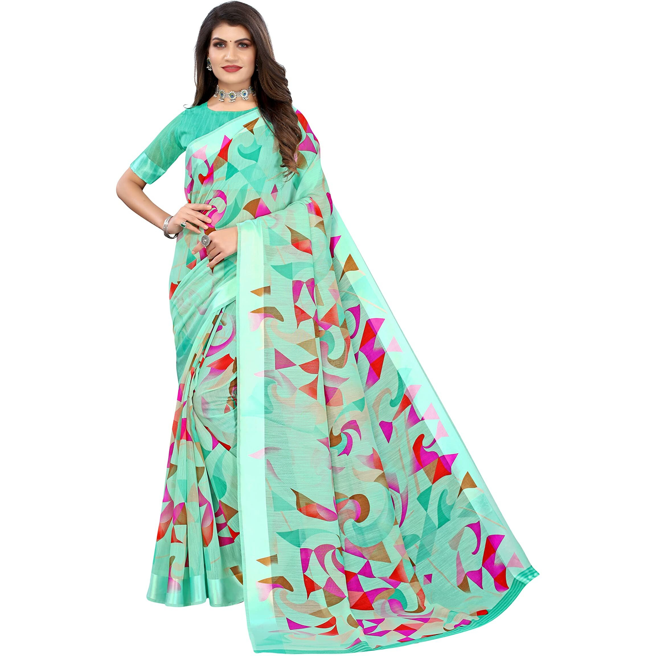 Yashika Women's Printed Linen Saree With Blouse Piece(SATRANGI GREEN_Free Size)