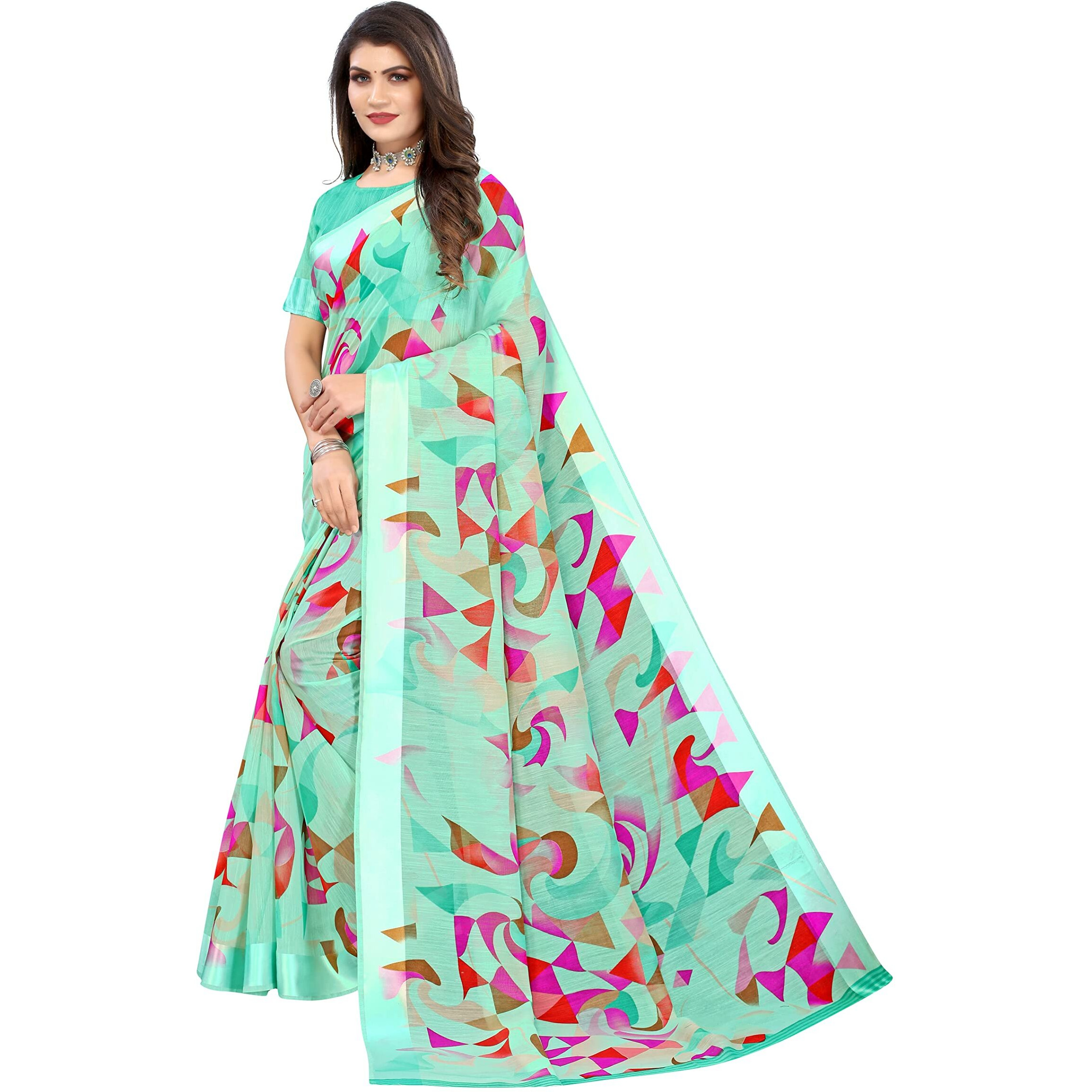 Yashika Women's Printed Linen Saree With Blouse Piece(SATRANGI GREEN_Free Size)