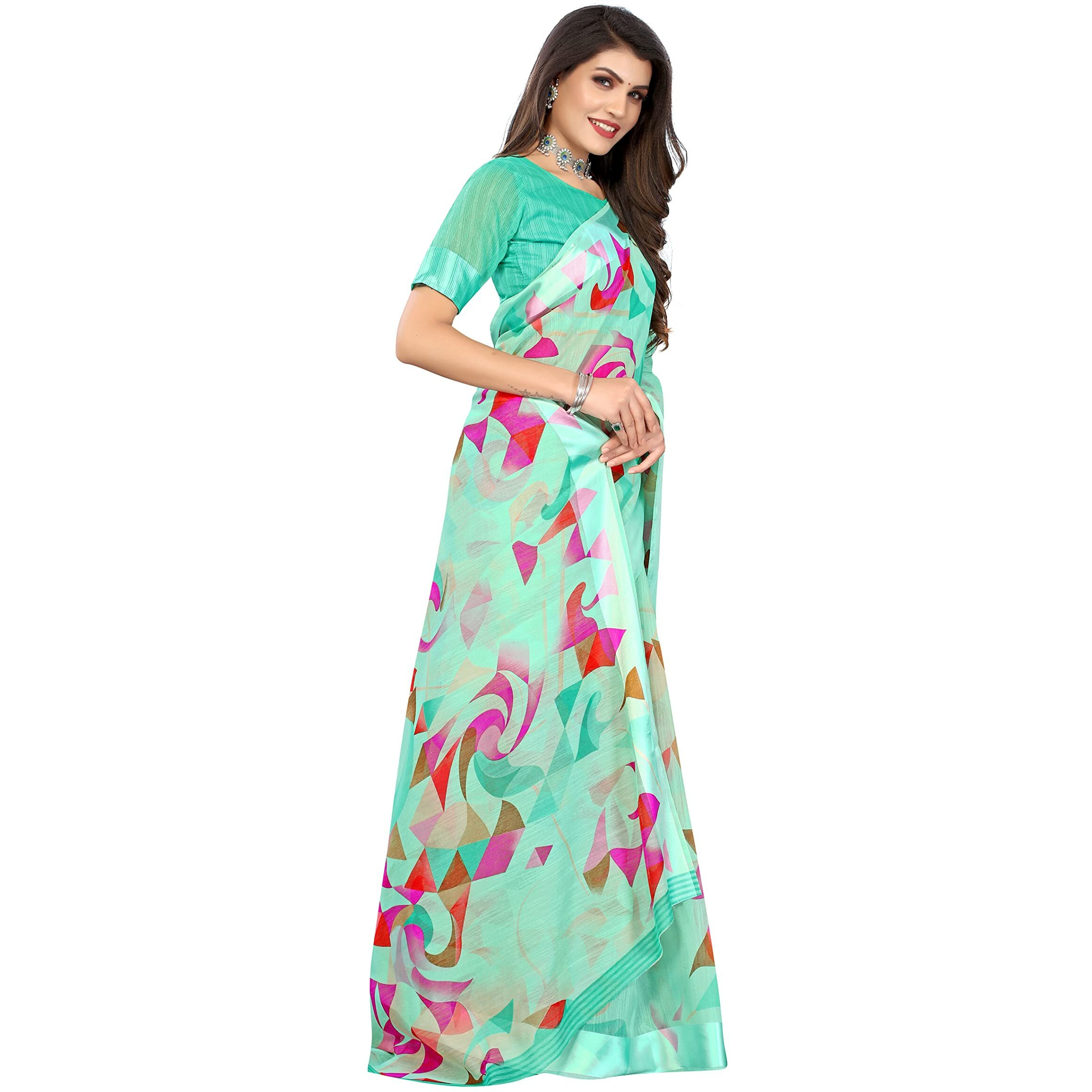 Yashika Women's Printed Linen Saree With Blouse Piece(SATRANGI GREEN_Free Size)