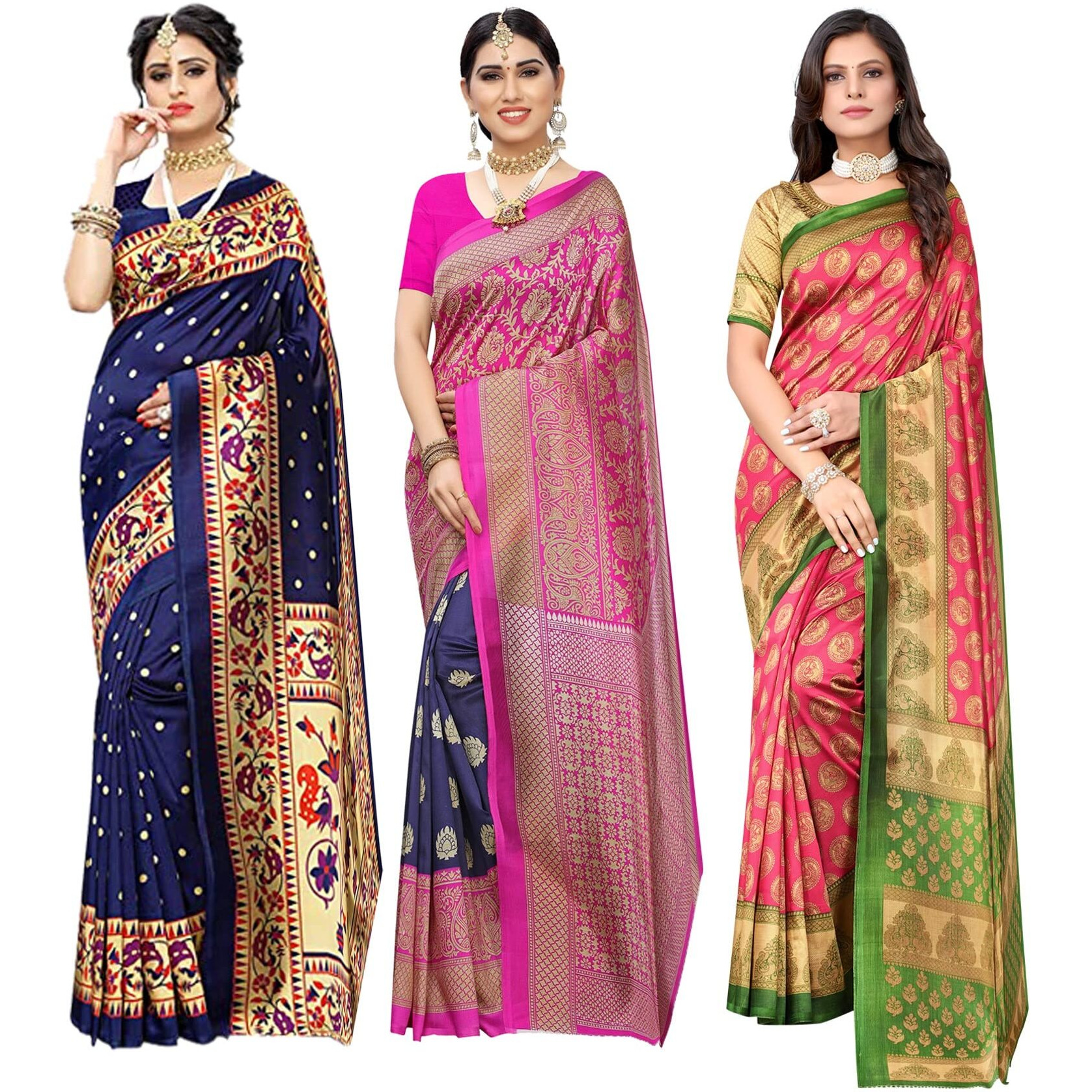 Yashika Women's Combo Art Silk Saree with Blouse Piece-Pack of 3(MATWALI Metro Navy-ALIFA Pink) Multicolor-09