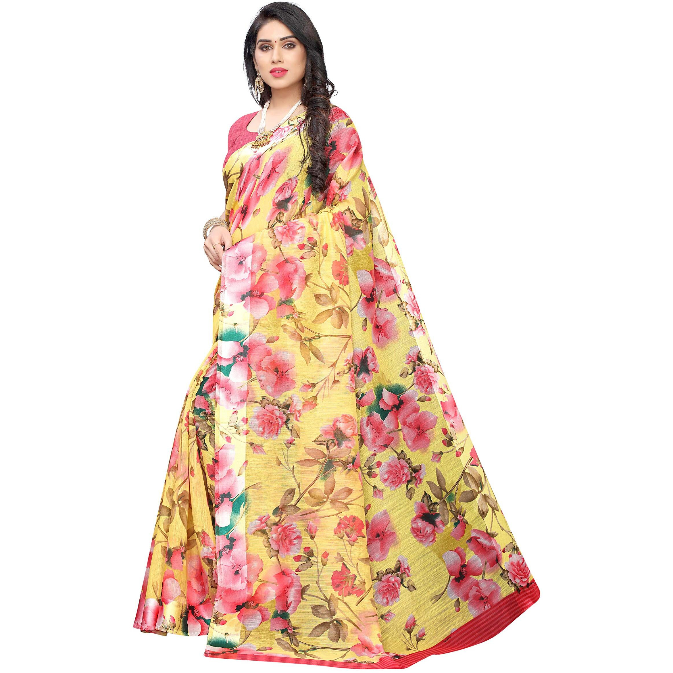 Yashika Women Linen Floral Plain Sarees Free Size (SONAKSHI 12 YELLOW)