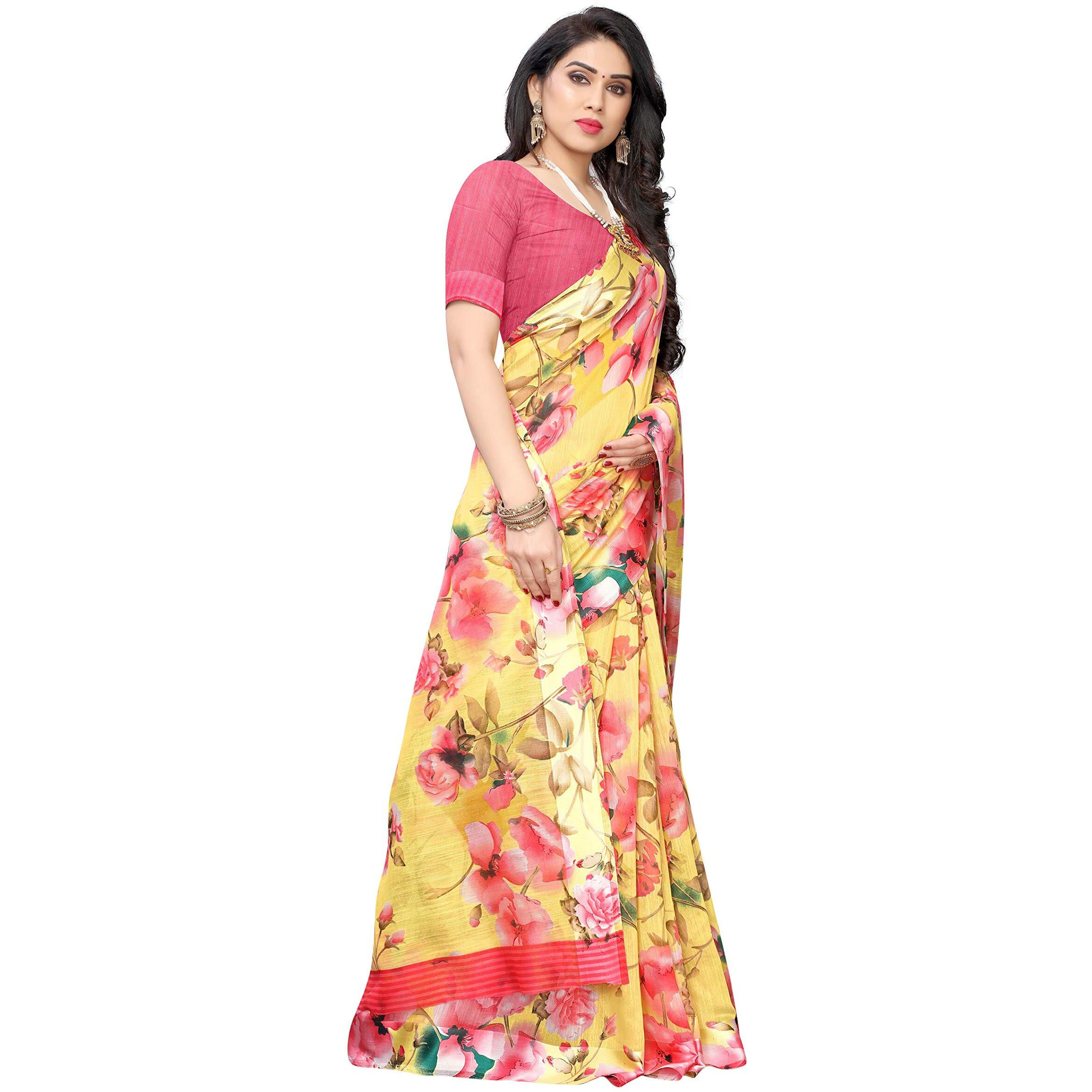Yashika Women Linen Floral Plain Sarees Free Size (SONAKSHI 12 YELLOW)