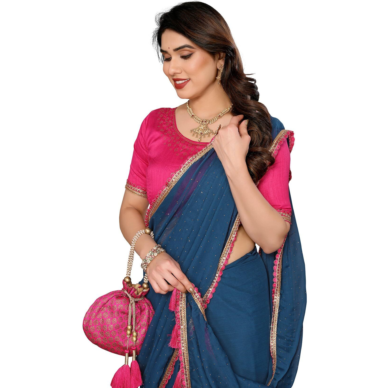 Yashika Women's Solid Color Georgette Zari Work Saree With Lace and Unstitched Blouse Material (AZ-YS-P3-NEEPA RAMA)