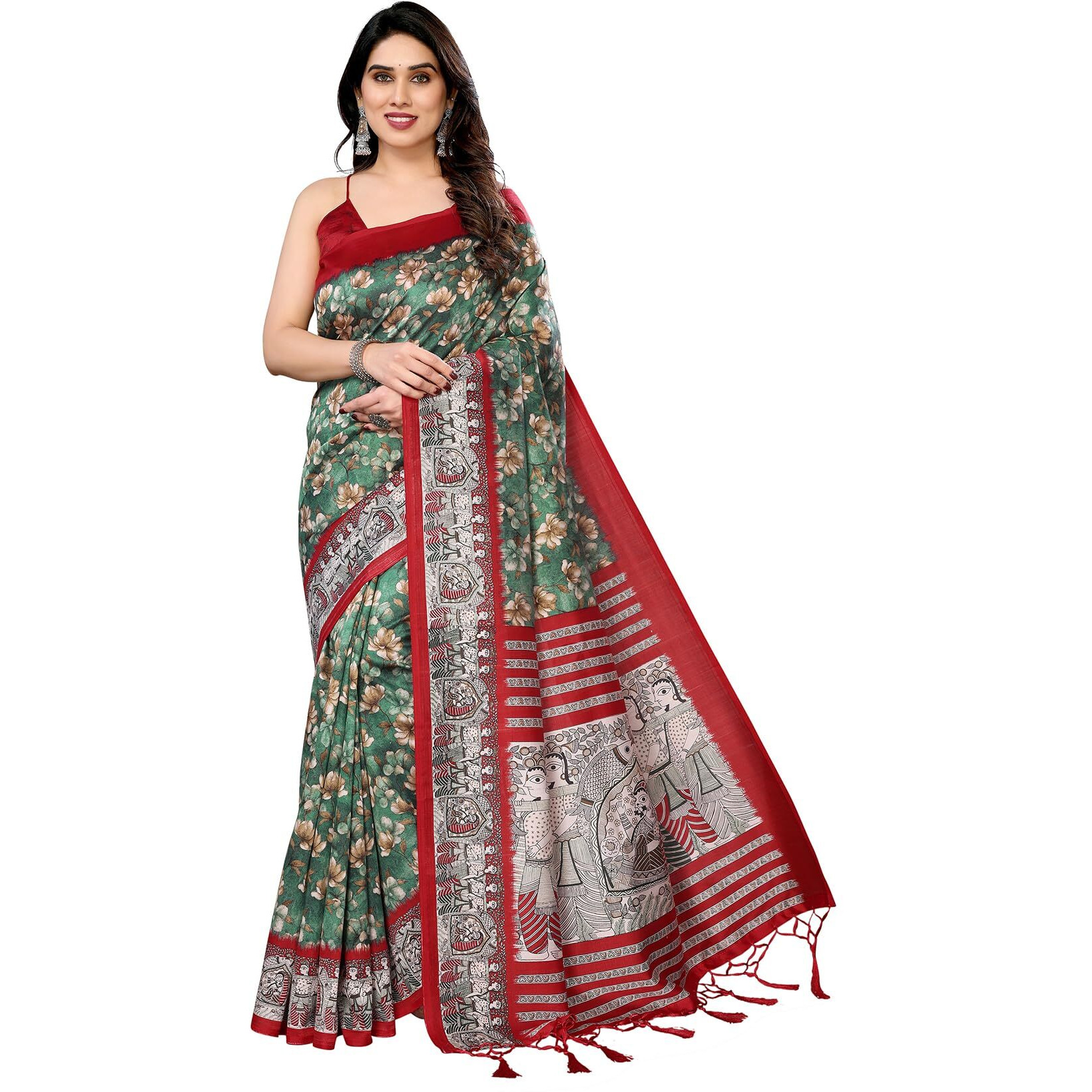Yashika Women's Printed Kalamkari Art Silk Saree With Tassels and Unstitched Blouse Material (AZ-YS-P1-SUBILA GREEN JHALAR)