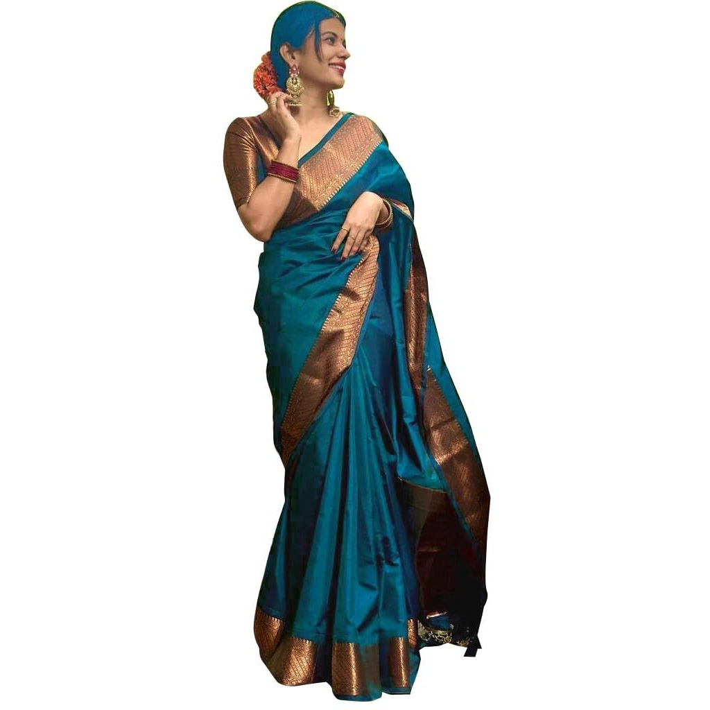 Yashika Women's Banarasi Kanjivaram Cotton Silk Woven Saree with Unstitched Blouse Material (AZ-YS-OG-SUSHANTI RAMA)