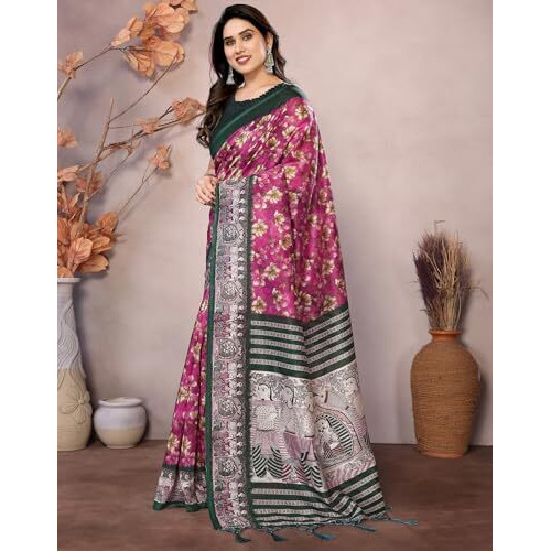 Yashika Women's Printed Kalamkari Art Silk Saree With Tassels and Unstitched Blouse Material (AZ-YS-P3-SUBILA PURPLE JHALAR)