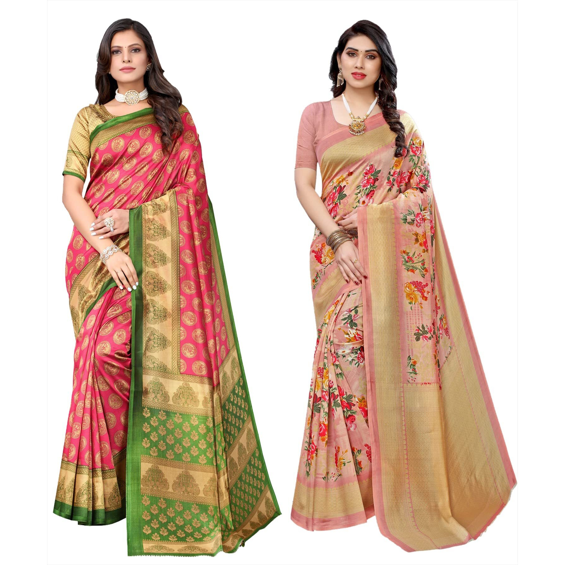 Yashika Women's Combo Art Silk Printed Saree With Blouse Piece Pack Of 2(ALIFA PINK-AIR PEACH)