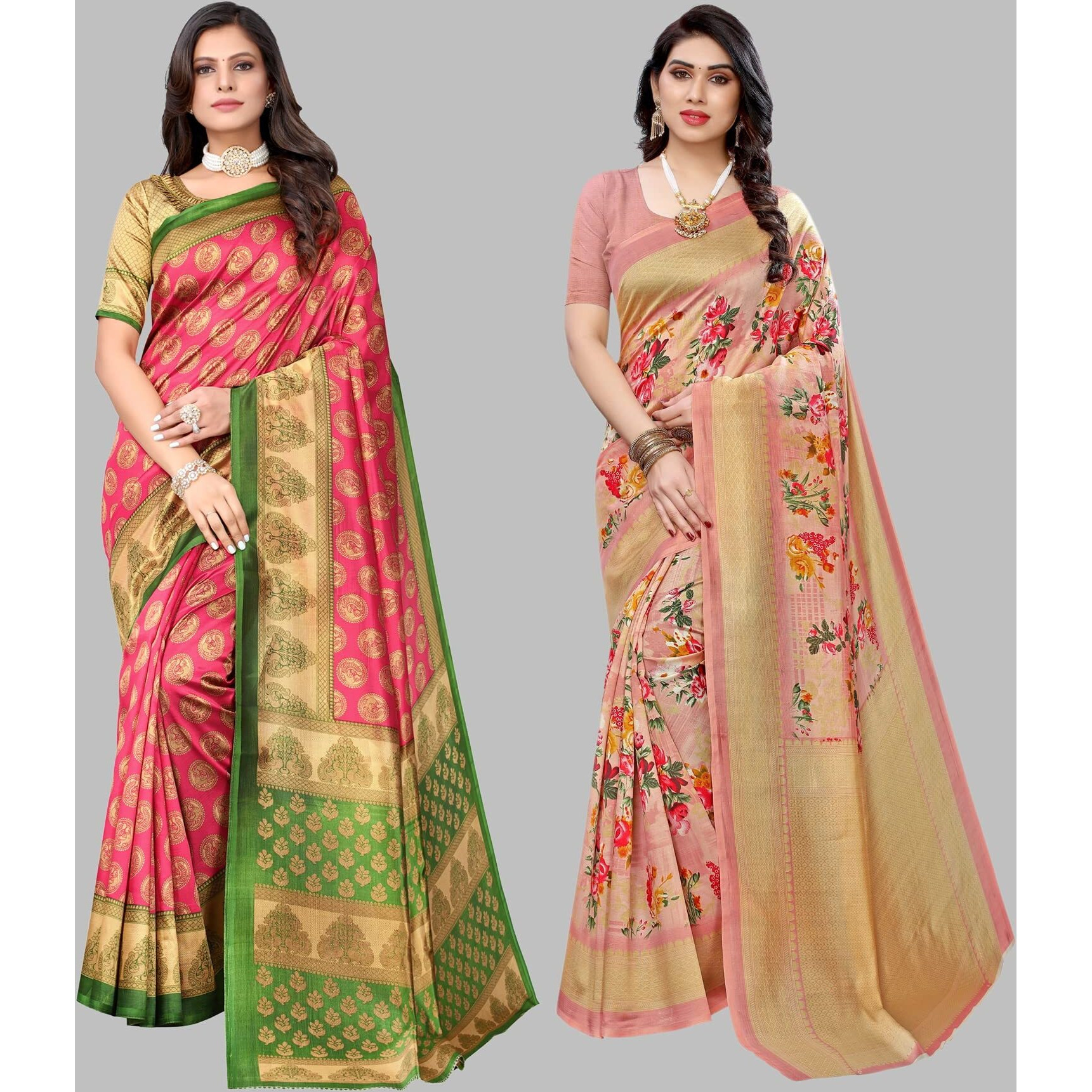 Yashika Women's Combo Art Silk Printed Saree With Blouse Piece Pack Of 2(ALIFA PINK-AIR PEACH)