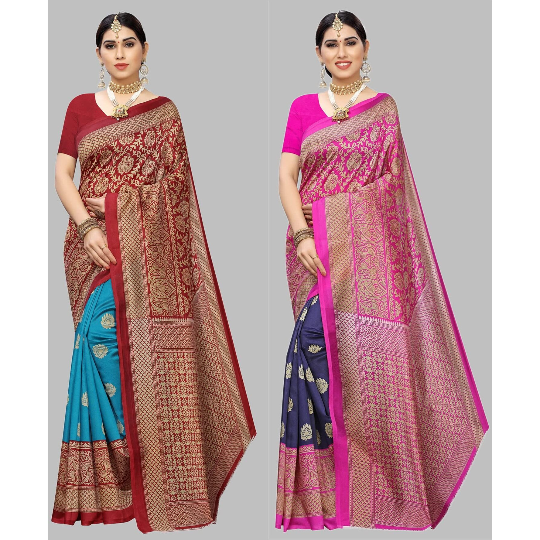 Yashika Women's Combo Art Silk Printed Saree With Blouse Piece Pack Of 2(METRO RAMA-METRO NAVY)
