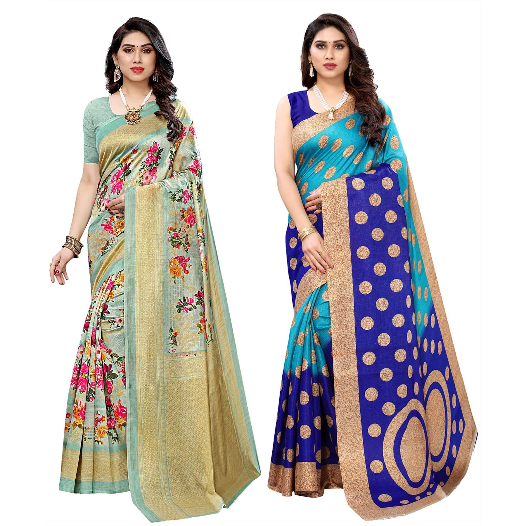 Yashika Women's Combo Art Silk Printed Saree With Blouse Piece Pack Of 2(AIR LIGHT GREEN-KORA BLUE)