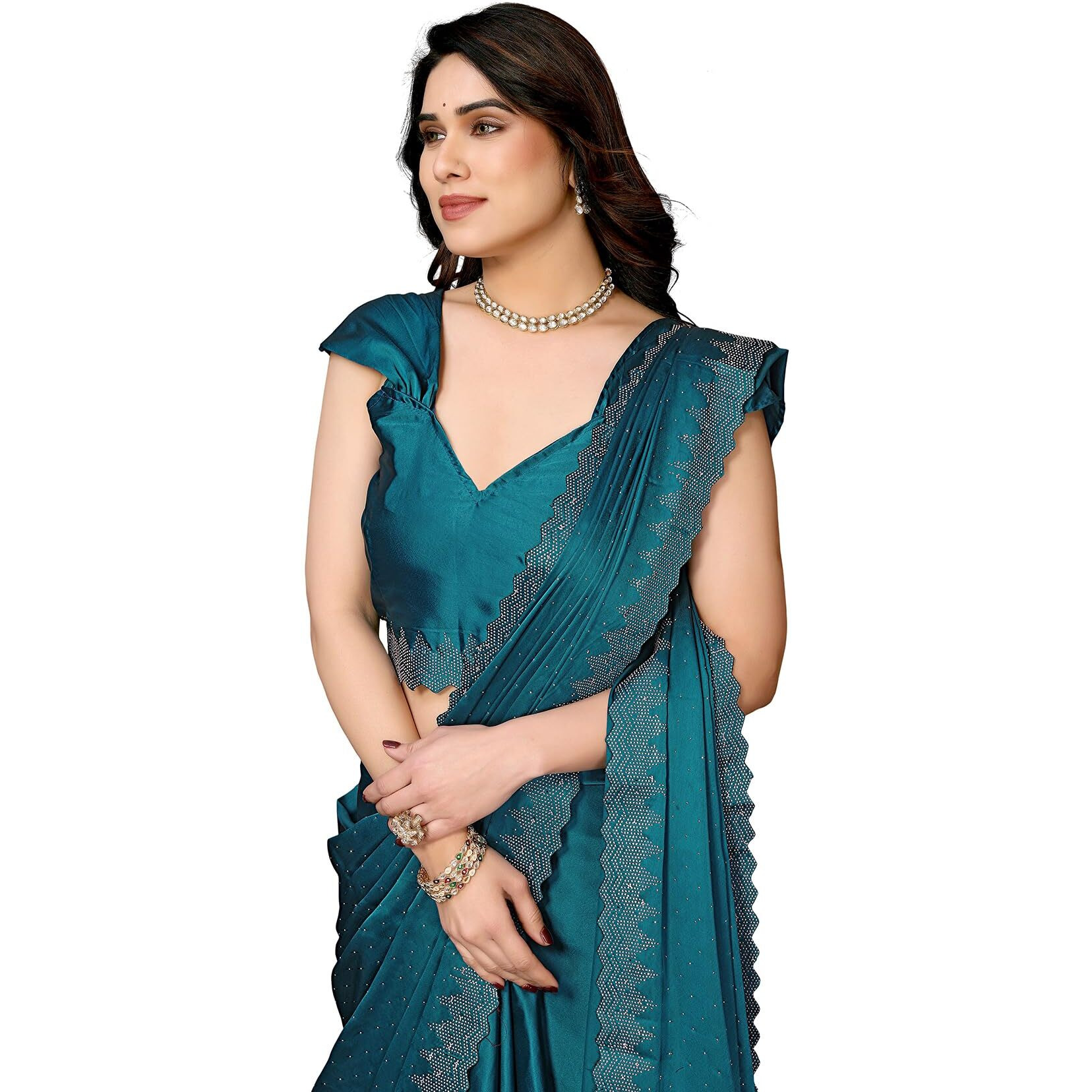 Yashika Women's Hot Fix Work and Solid Color Satin Moss Saree With Unstitched Blouse Material (AZ-YS-P3-PINTU RAMA)