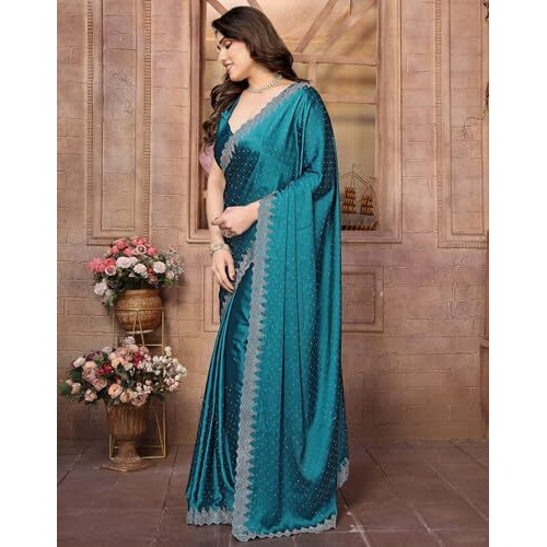 Yashika Women's Hot Fix Work and Solid Color Satin Moss Saree With Unstitched Blouse Material (AZ-YS-P3-PINTU RAMA)