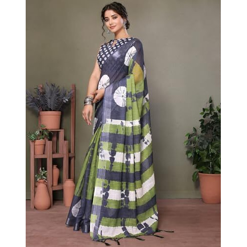 Yashika Women's Plain Digital Print Cotton Silk Blend Saree with Silver Weaving Border Tassels-Elegant Ethnic Wear for Festive and Casual Occasions (AZ-YS-P2-TIGER 01 to 06-Parent_Tiger 02-Grey)