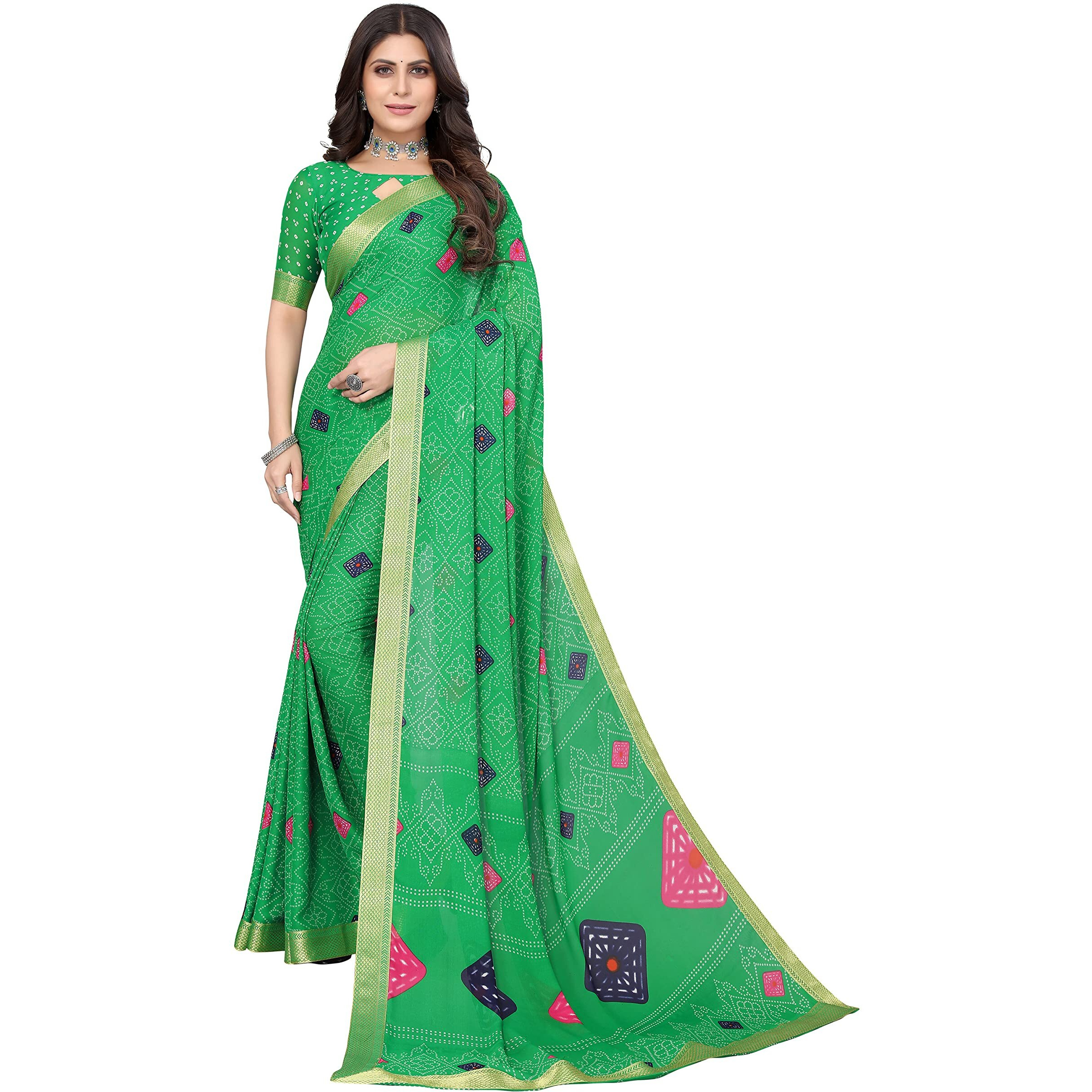 Yashika Printed Georgette Saree With Lace Border Free size ROHINI GREEN