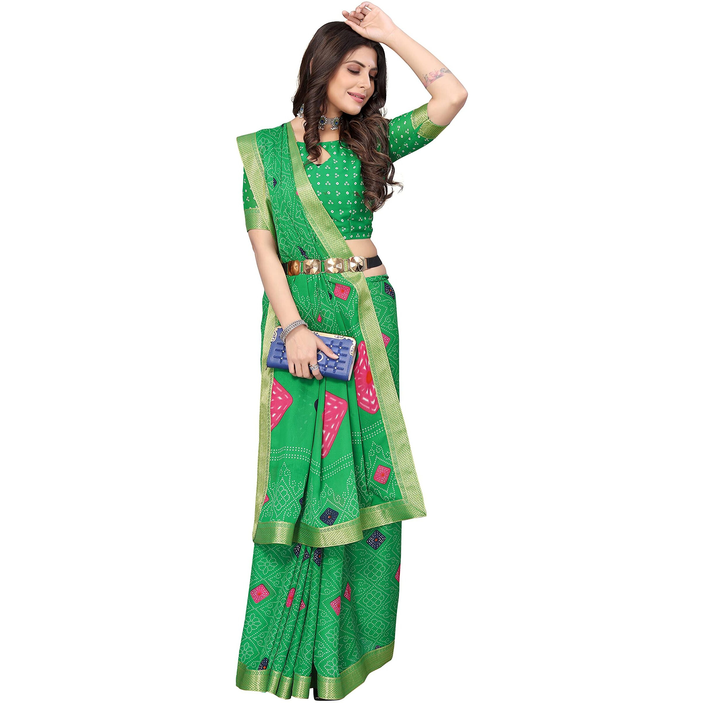 Yashika Printed Georgette Saree With Lace Border Free size ROHINI GREEN