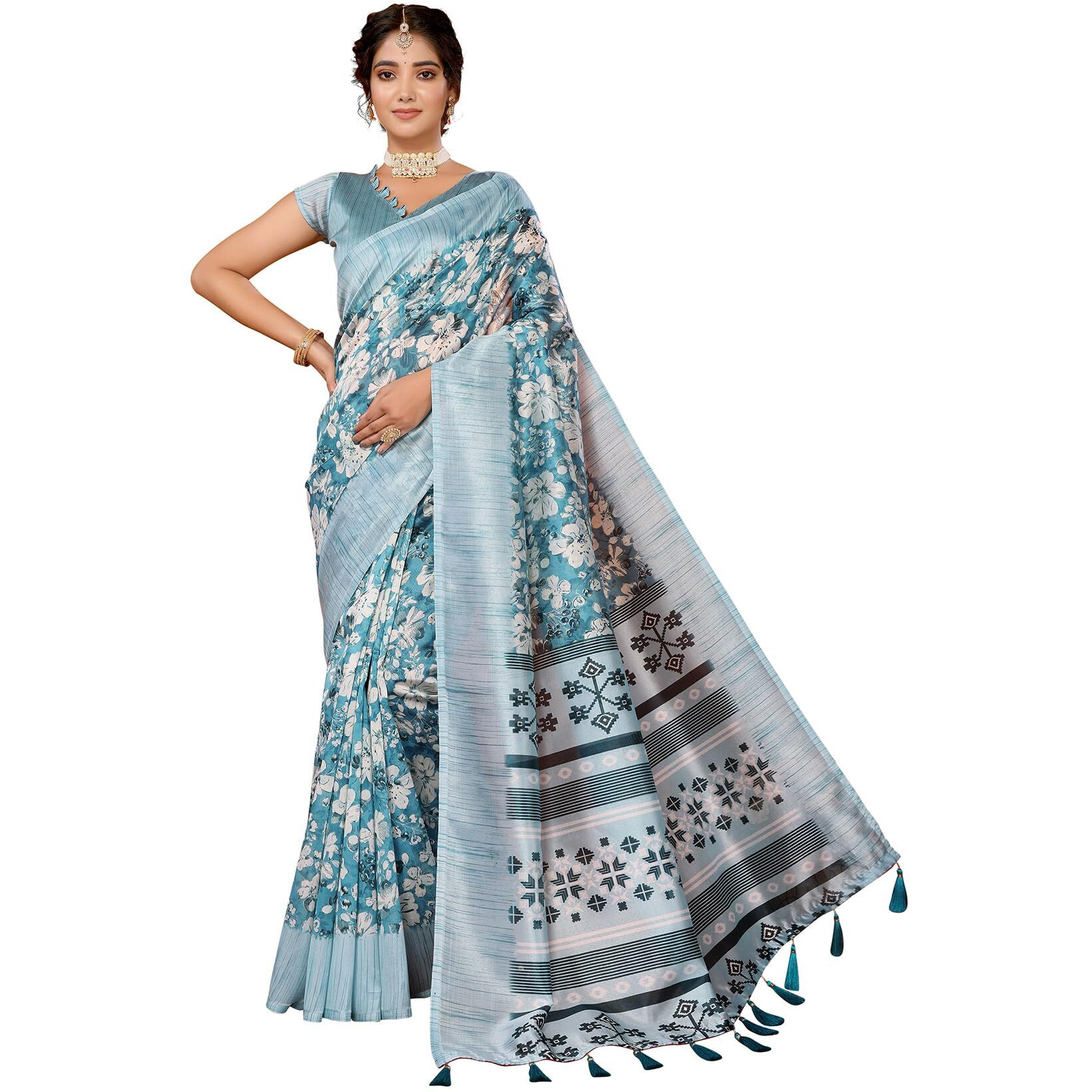 Yashika Women's Art Silk Printed with Tassels Unstitched Blouse Material Stylish Party Casual Wear Traditional Trendy Saree (AZ-YS-P1-SUMITRA-Parent_Rama)