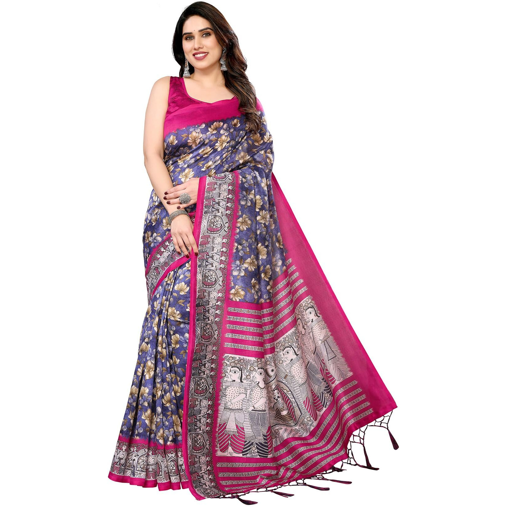 Yashika Women's Printed Kalamkari Art Silk Saree With Tassels and Unstitched Blouse Material (AZ-YS-P1-SUBILA NAVY JHALAR)