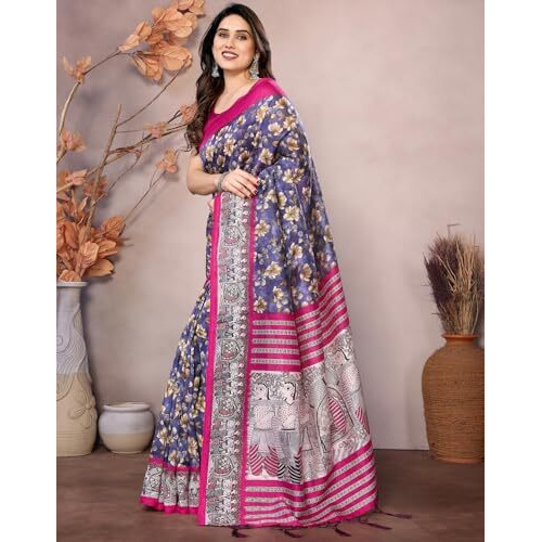 Yashika Women's Printed Kalamkari Art Silk Saree With Tassels and Unstitched Blouse Material (AZ-YS-P1-SUBILA NAVY JHALAR)