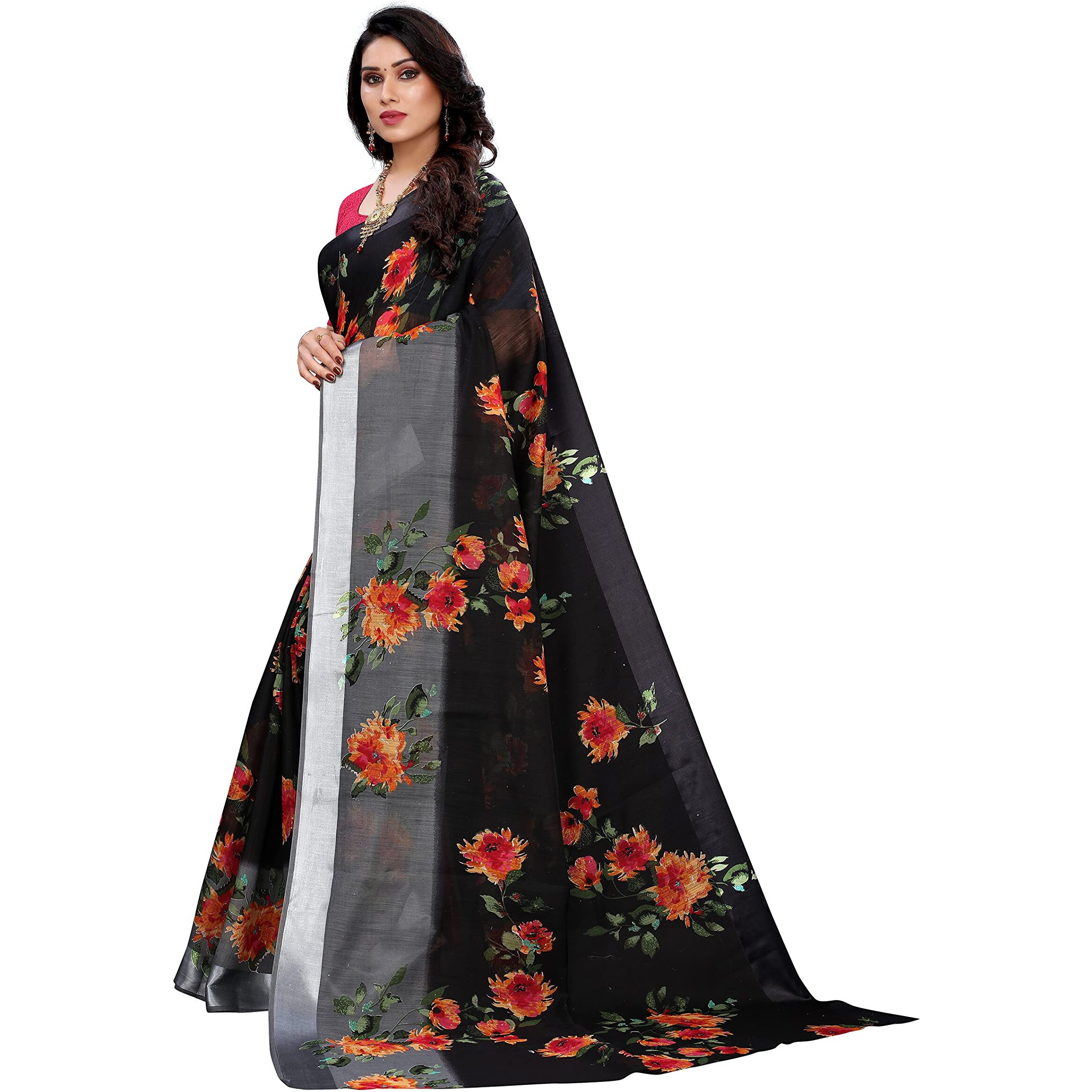 Yashika Women's Linen Printed Saree With Blouse Piece, Black, Free Size (AKIRA BLACK)