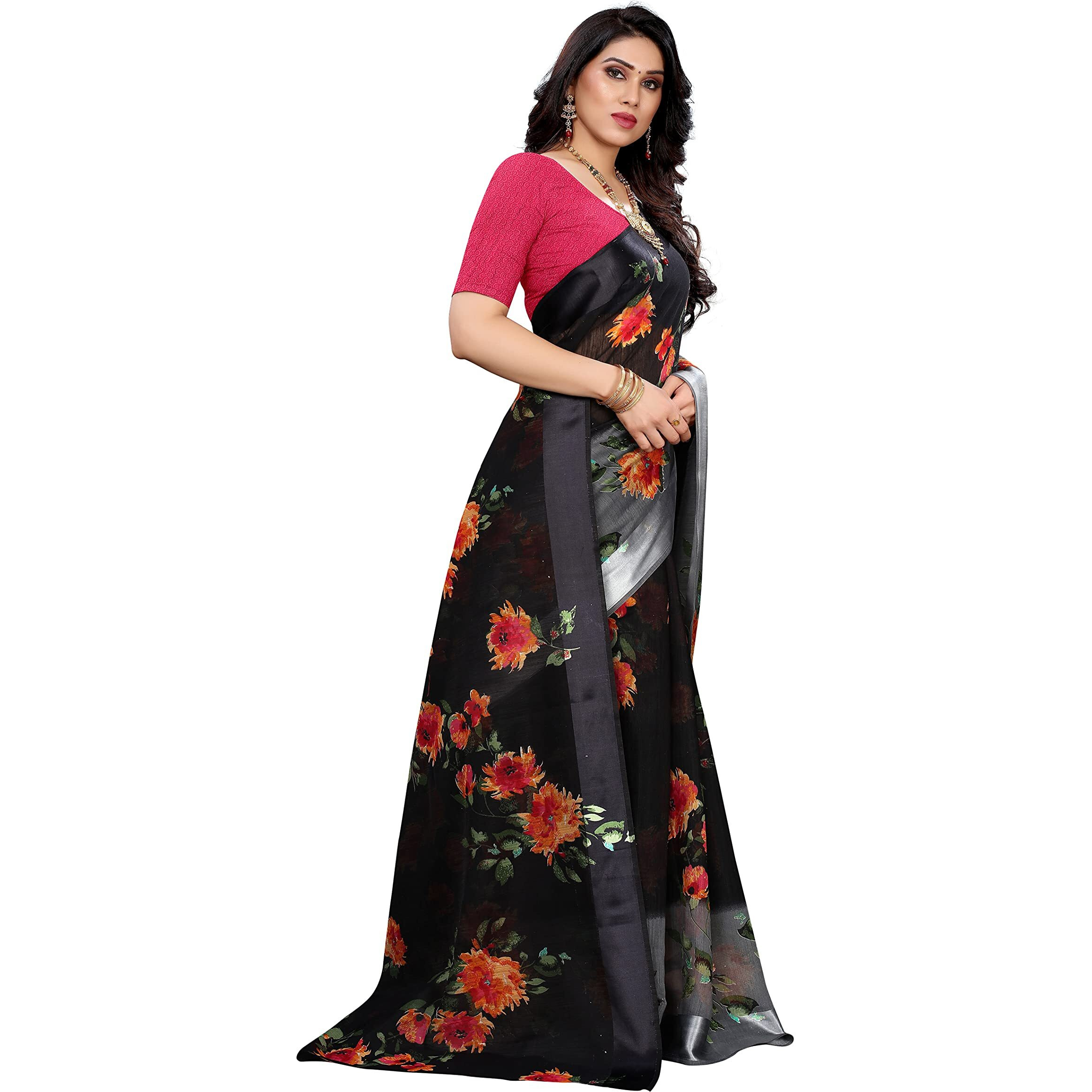 Yashika Women's Linen Printed Saree With Blouse Piece, Black, Free Size (AKIRA BLACK)