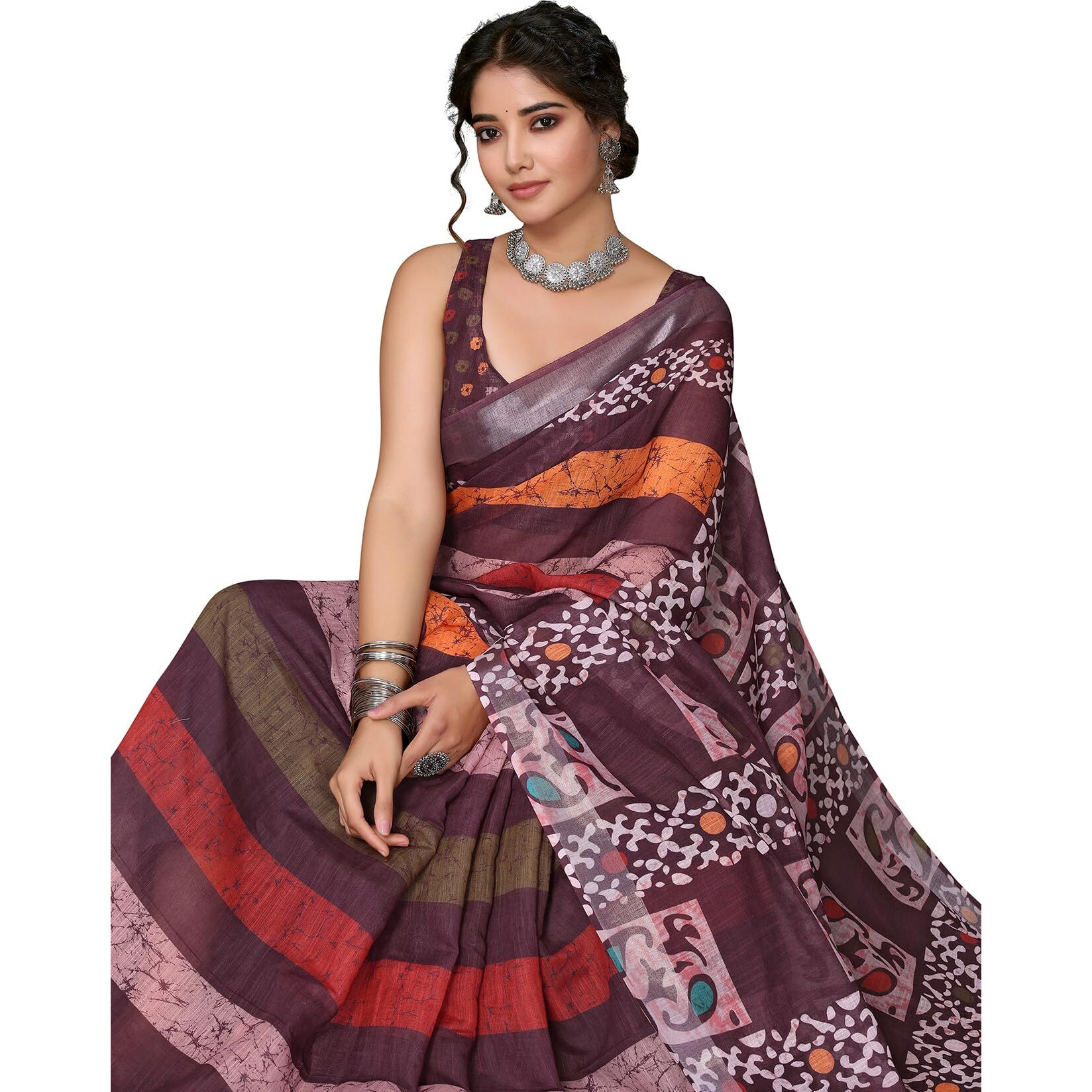 Yashika Women's Plain Digital Print Cotton Silk Blend Saree with Silver Weaving Border Tassels-Elegant Ethnic Wear for Festive and Casual Occasions (AZ-YS-P3-TIGER 01 to 06-Parent_Tiger 04-Brown)