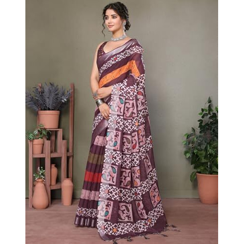 Yashika Women's Plain Digital Print Cotton Silk Blend Saree with Silver Weaving Border Tassels-Elegant Ethnic Wear for Festive and Casual Occasions (AZ-YS-P3-TIGER 01 to 06-Parent_Tiger 04-Brown)
