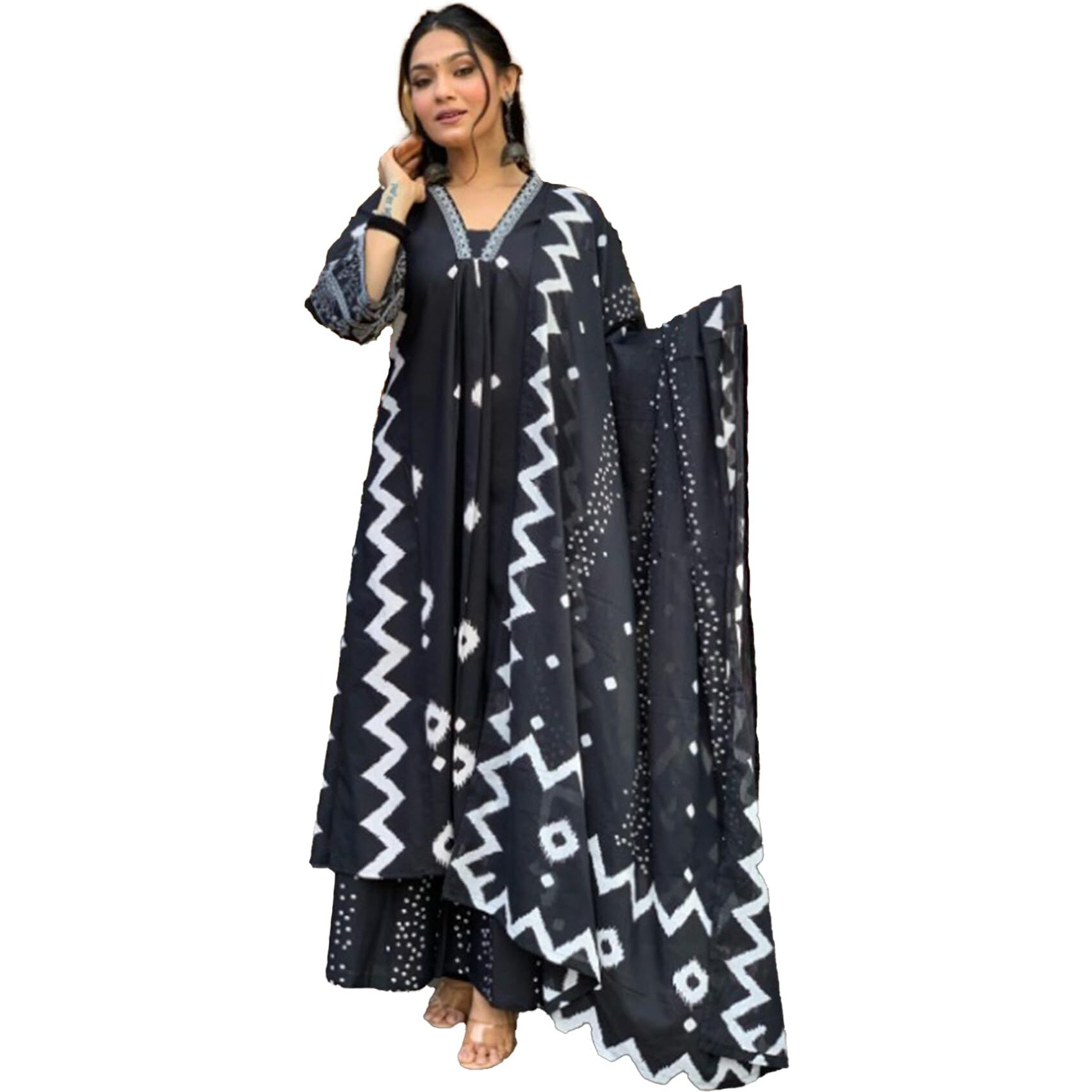 Yashika Women's Regular Cotton Blend Floral Printed Kurta Plazzo Set with Dupatta Suitable for Every Indian Occasion (AZ-YS-OG-KS2174-Parent_Black
