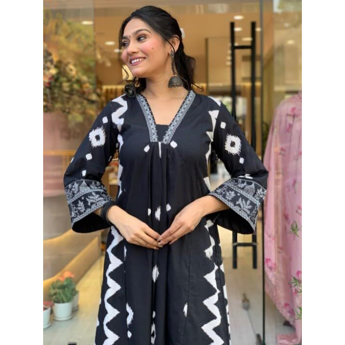 Yashika Women's Regular Cotton Blend Floral Printed Kurta Plazzo Set with Dupatta Suitable for Every Indian Occasion (AZ-YS-OG-KS2174-Parent_Black