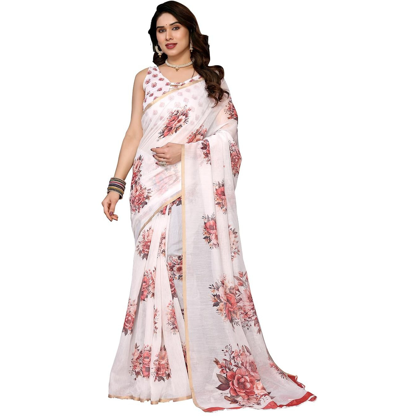 Yashika Women's Floral Digital Print Chandheri Saree with Unstitched Blouse Material (AZ-YS-P1-SRUJANA PEACH)