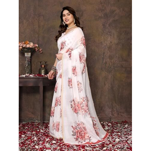 Yashika Women's Floral Digital Print Chandheri Saree with Unstitched Blouse Material (AZ-YS-P1-SRUJANA PEACH)