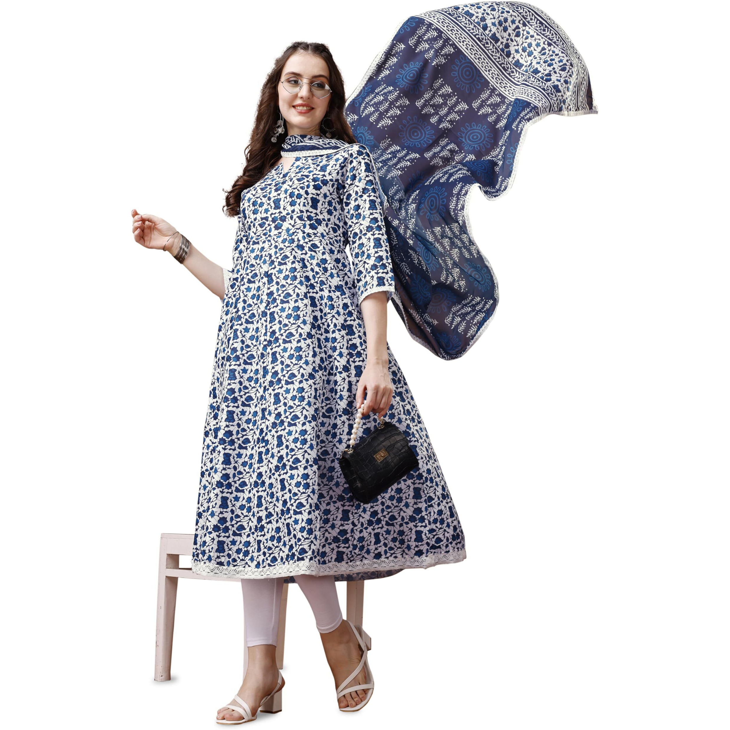 Yashika Women's Printed Cotton Blend White&Blue Color Flared Kurta Dupatta Set||AZ-YS-P1-KS2068-2XL