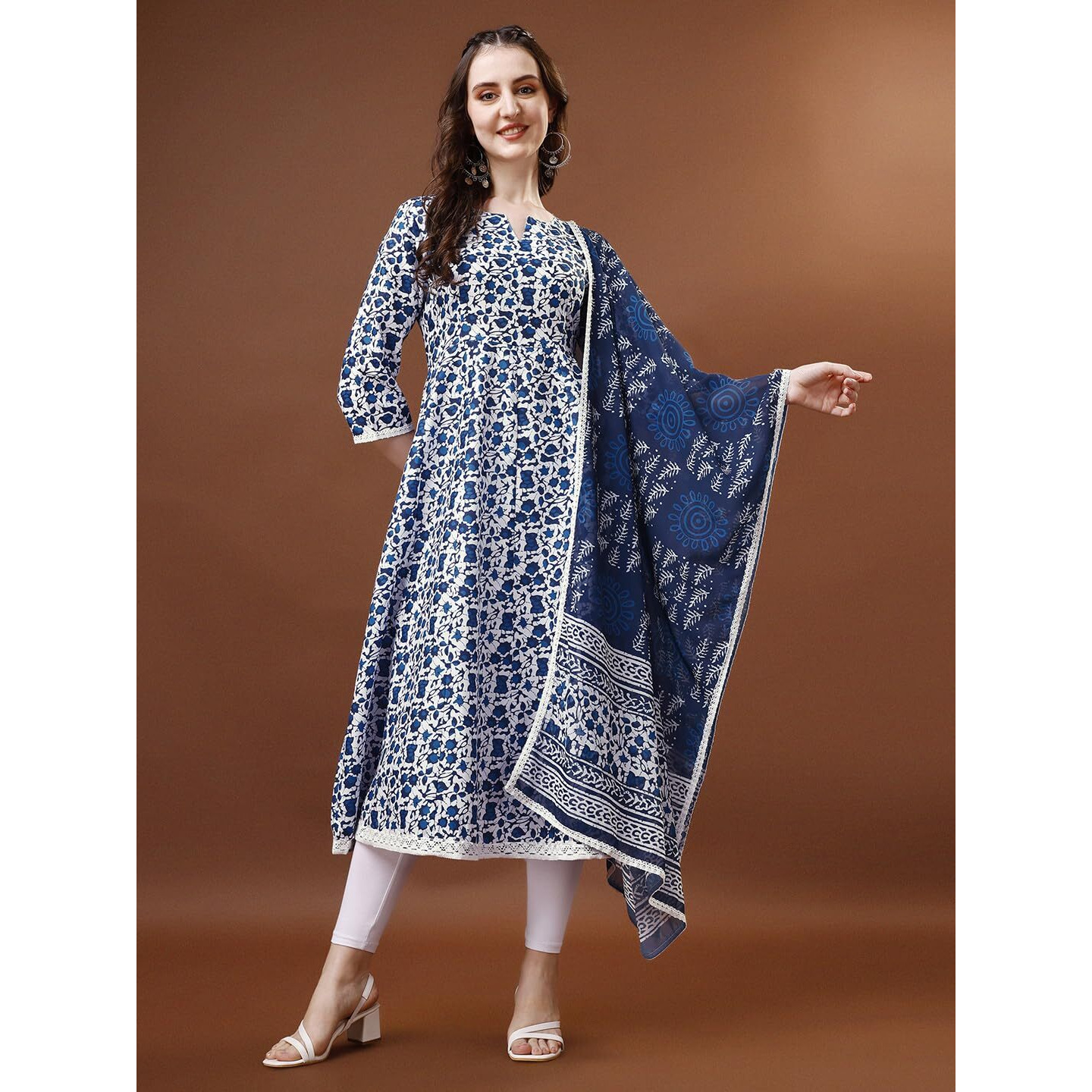 Yashika Women's Printed Cotton Blend White&Blue Color Flared Kurta Dupatta Set||AZ-YS-P1-KS2068-2XL