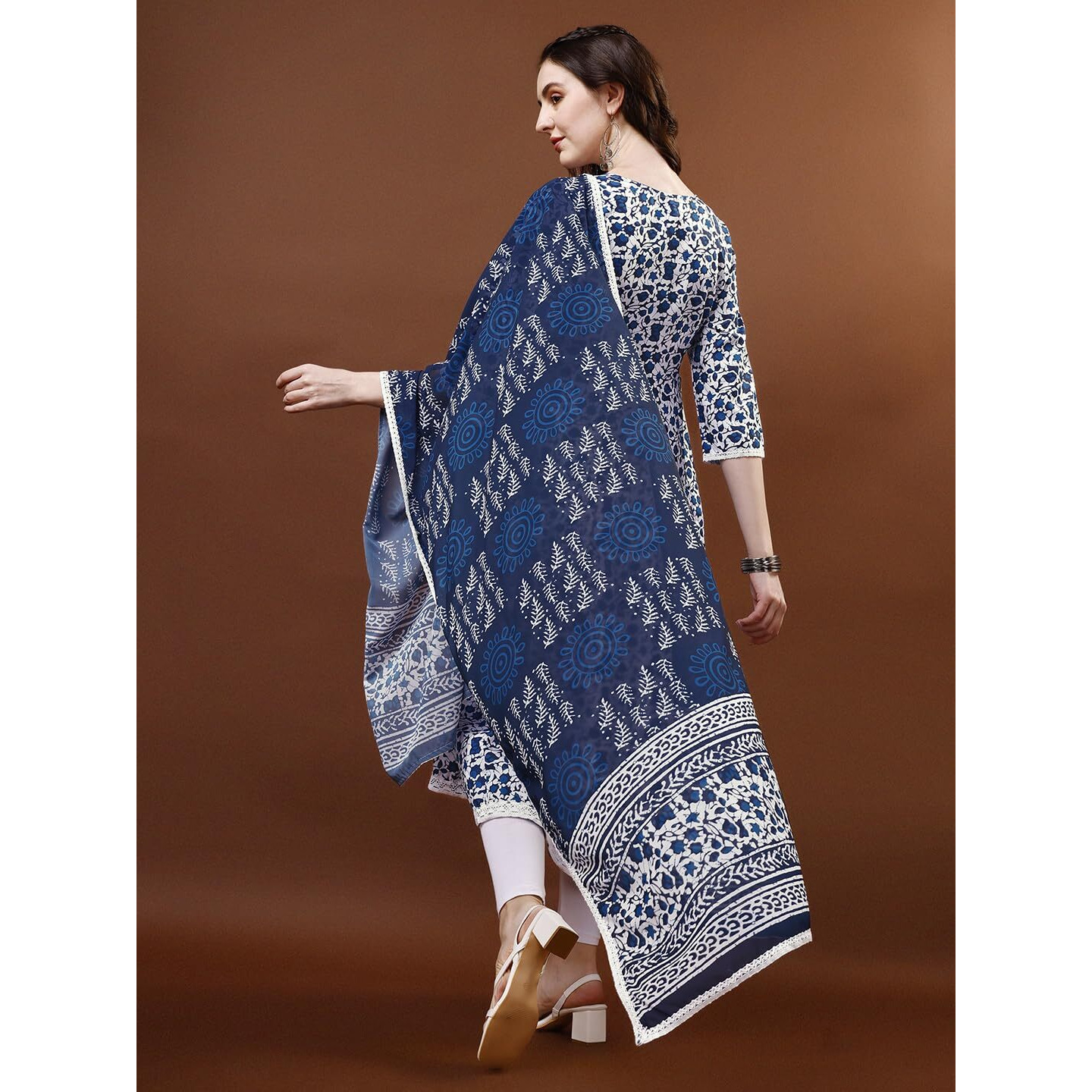 Yashika Women's Printed Cotton Blend White&Blue Color Flared Kurta Dupatta Set||AZ-YS-P1-KS2068-2XL