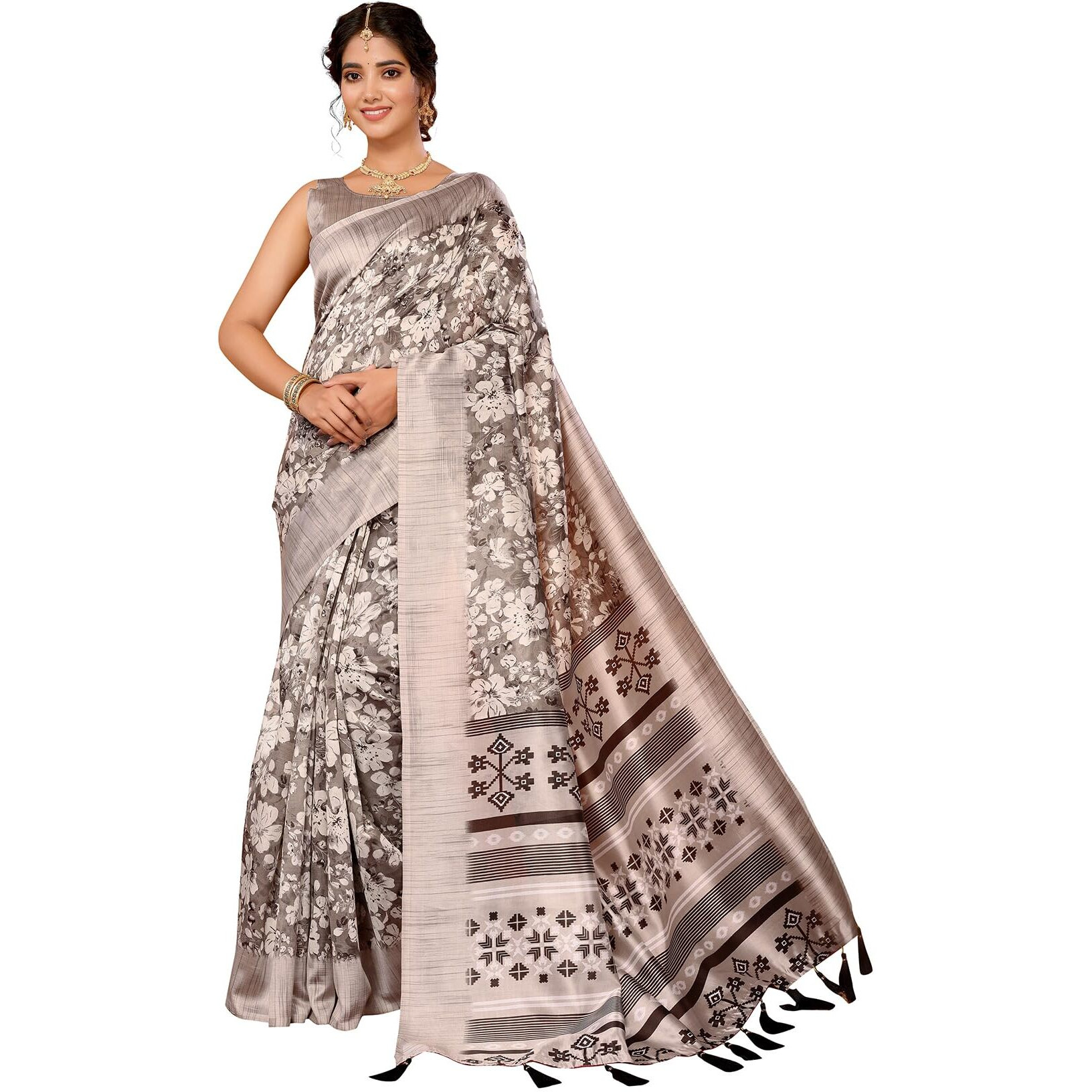 Yashika Women's Art Silk Printed with Tassels Unstitched Blouse Material Stylish Party Casual Wear Traditional Trendy Saree (AZ-YS-P1-SUMITRA-Parent_Brown)