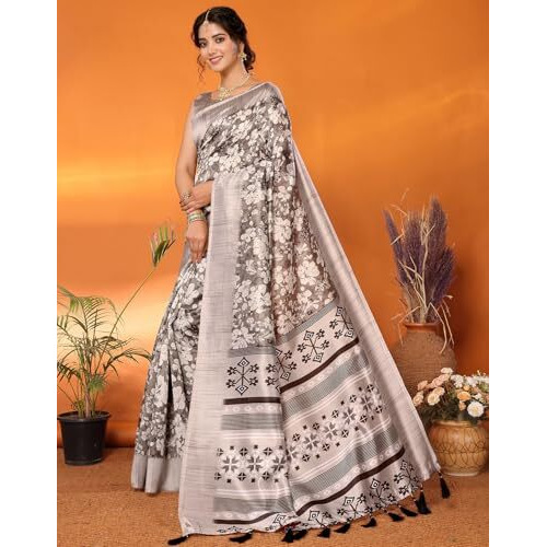 Yashika Women's Art Silk Printed with Tassels Unstitched Blouse Material Stylish Party Casual Wear Traditional Trendy Saree (AZ-YS-P1-SUMITRA-Parent_Brown)