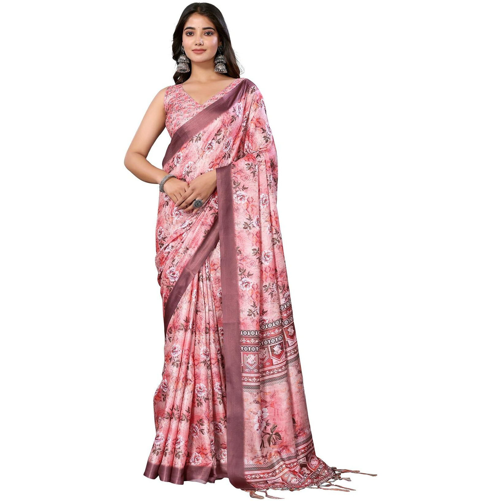 Yashika Women's Digital Print Art Silk Cotton Saree with Tassels and Golden Border - Lightweight and Elegant Ethnic Wear for Festive and Casual Occasions (AZ-YS-P1-PUSHPA 11)