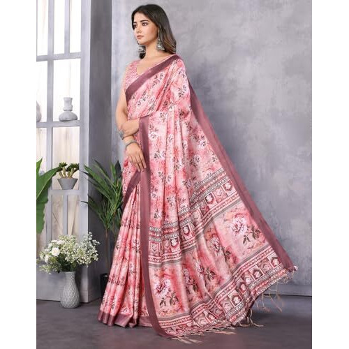 Yashika Women's Digital Print Art Silk Cotton Saree with Tassels and Golden Border - Lightweight and Elegant Ethnic Wear for Festive and Casual Occasions (AZ-YS-P1-PUSHPA 11)