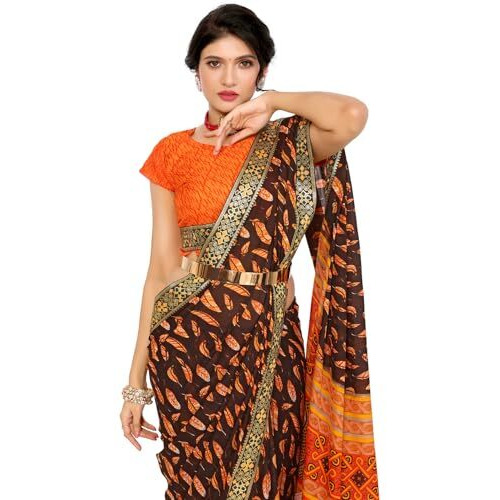 Yashika Women's Plain Leaf Print Georgette Saree with Lace and Unstitched Blouse Material (AZ-YS-P3-ANSUYA-PRANALI-PUNEETA-ZAVEDA-P_Orange)