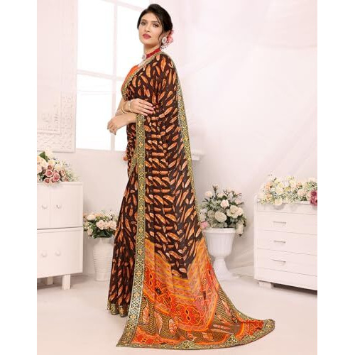 Yashika Women's Plain Leaf Print Georgette Saree with Lace and Unstitched Blouse Material (AZ-YS-P3-ANSUYA-PRANALI-PUNEETA-ZAVEDA-P_Orange)