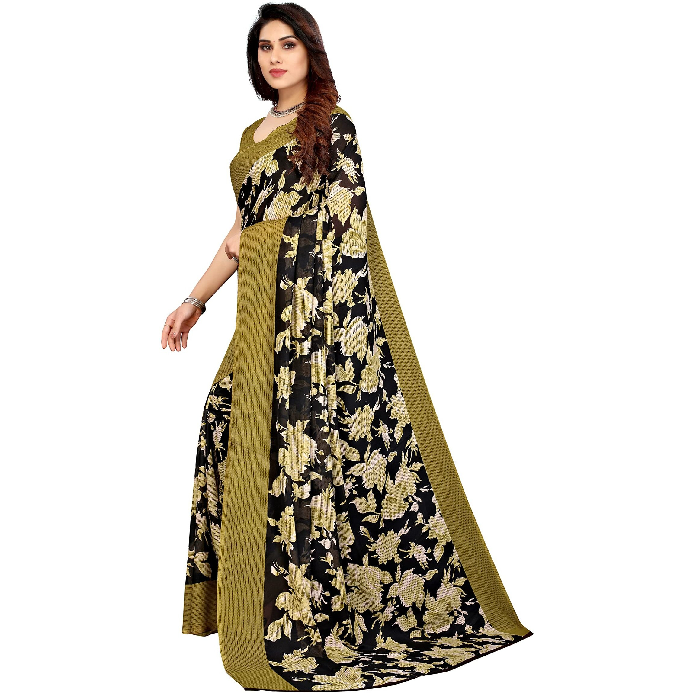 Yashika Womens Printed Georgette Saree With Blouse Piece(CREAM LOOK_Free Size)