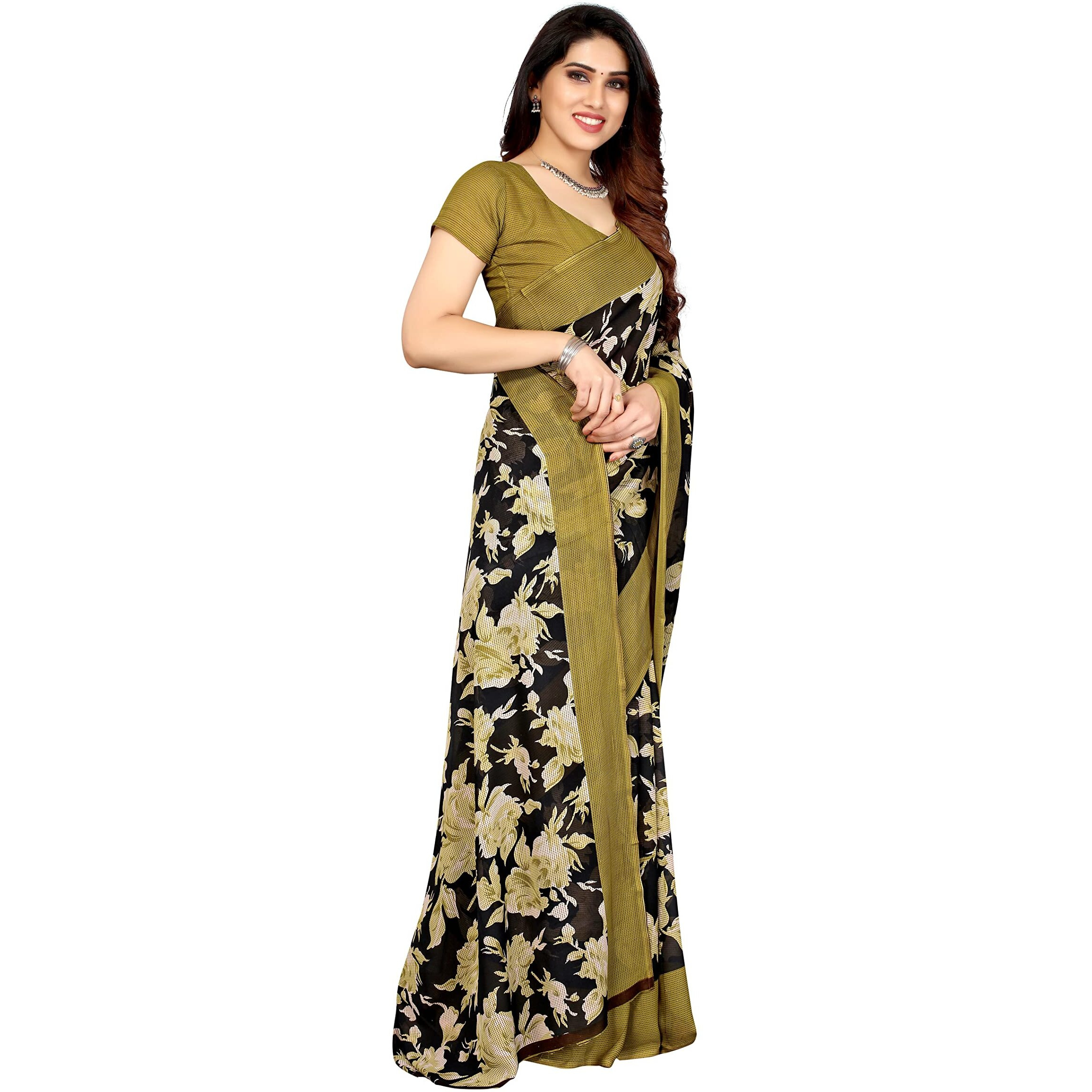 Yashika Womens Printed Georgette Saree With Blouse Piece(CREAM LOOK_Free Size)