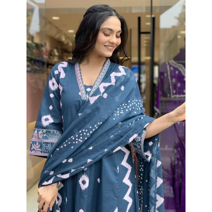 Yashika Women's Regular Cotton Blend Floral Printed Kurta Plazzo Set with Dupatta Suitable for Every Indian Occasion (AZ-YS-OG-KS2174-Parent_Blue