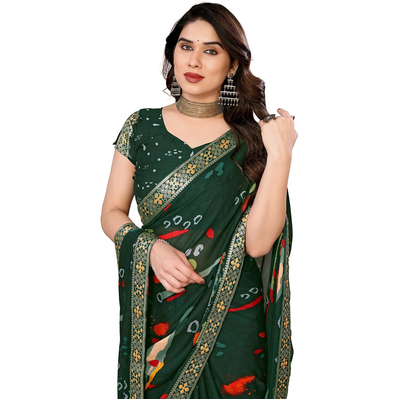 Yashika Women's Printed Georgette Saree With Lace Border and Unstitched Blouse Material (AZ-YS-P3-BARUNI GREEN)